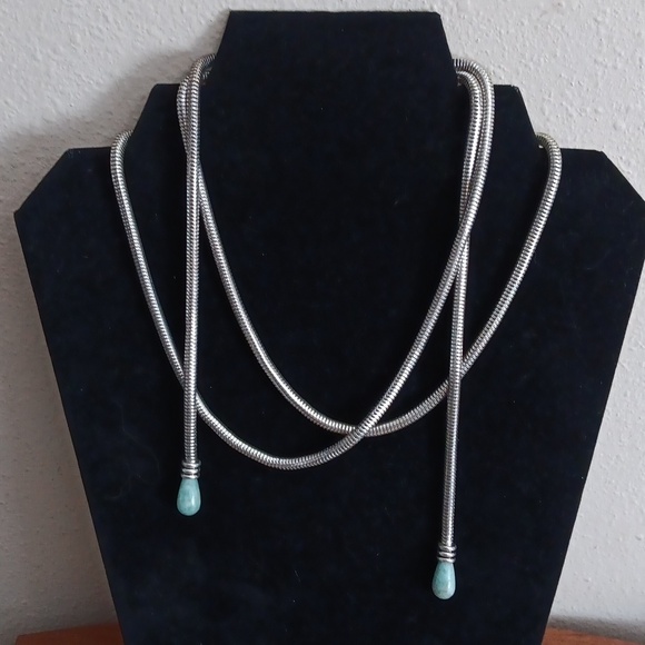 Continuous Snake Silver Tone Chain with Green Stone Ends Necklace - Picture 1 of 4